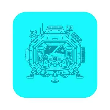 Futuristic space habitat interior with plants, chairs, computer and moon view Stock Illustration