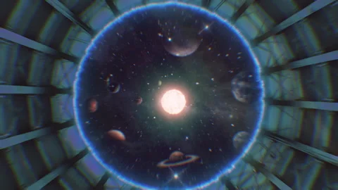Futuristic Space Portal Inside Radial Tunnel With Galaxy and Planets Stock Footage 341964406