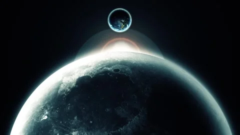 Futuristic space scene with a large planet in the foreground and a glowing .. Видео 337080330