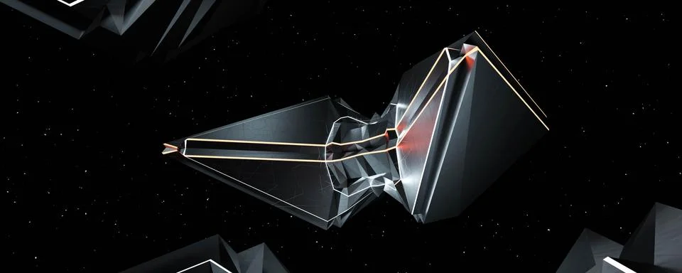 Futuristic space ship in dark space with colourful neon lights and dark surface Stock Illustration