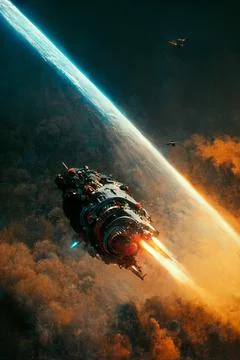 Futuristic space ship on a planet orbit in future, scifi concept art, Book Co Stock Illustration