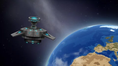 Futuristic Space Station Floating in Orbit Above Rotating Planet Earth Stock Footage 345304239