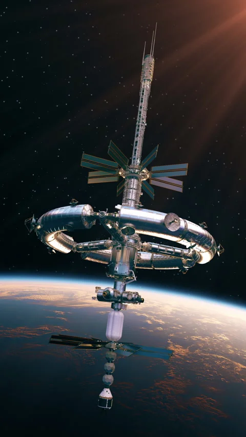 Futuristic space station orbiting Earth in warm sunlight Stock Footage 341346807