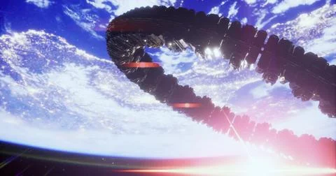 Futuristic space structure orbiting Earth during a stunning sunset Stock Illustration