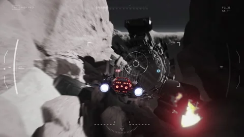 Futuristic space vehicle flying through the white mountains in the computer game Stock Footage 305937193