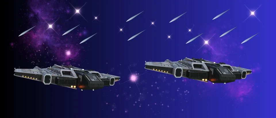 Futuristic space vehicles in celestial dance Stock Illustration
