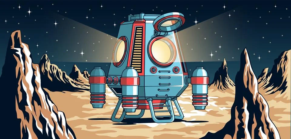 Futuristic Spacecraft on Alien Planet Surface Sci-Fi Vector Illustration Stock Illustration