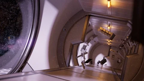 Futuristic spacecraft corridor. Countless objects floating in zero gravity. 4KHD Video stock 126280843