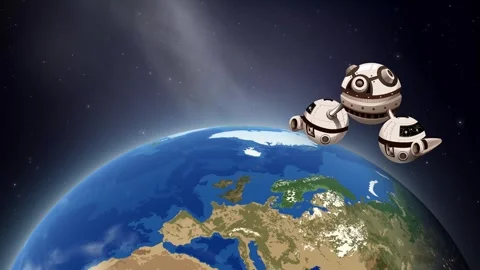 Futuristic Spacecraft Floating in Orbit Above Planet Earth and Moon Stock Footage 344848615
