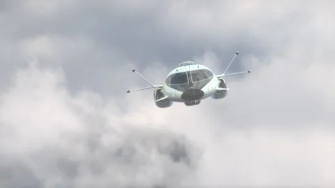 Futuristic Spacecraft flying in the cloudy sky. Stock Footage 165814136