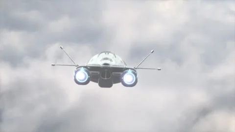 Futuristic Spacecraft flying in the cloudy sky. Stock Footage 166477746