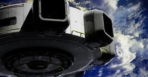 Futuristic spacecraft hovering in Earths orbit above colorful cloud formation Stock Illustration