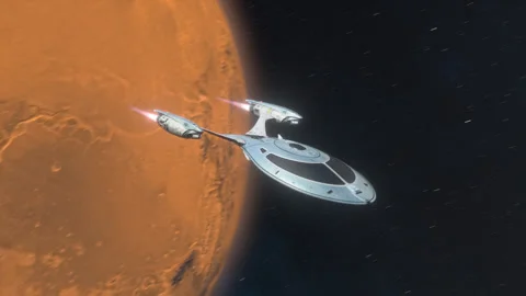 Futuristic Spacecraft Leaving a Planet. Stock Footage 320952824