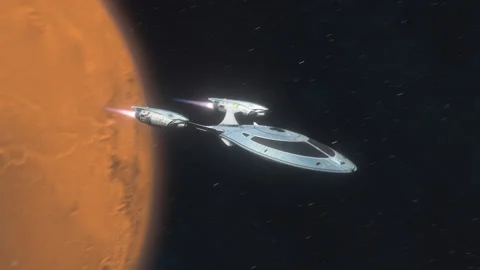 Futuristic Spacecraft Leaving a Planet. Stock Footage 321544456