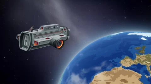 Futuristic Spacecraft Orbiting Planet Earth with Moon in Background Stock Footage 345037957