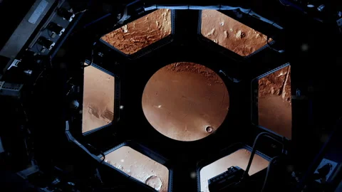 Futuristic Spacecraft Window Looking At Martian Planet - 4K Stock Footage 341582988