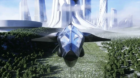 Futuristic spaceship and statue of liberty. Future concept. Aerial view Vídeos de archivo 132529643