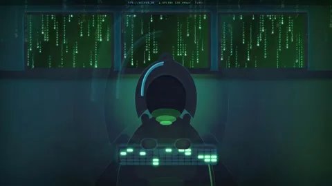 Futuristic spaceship cockpit with digital data screens and red alert warning Видео 341834189