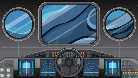 Futuristic Spaceship Cockpit Interior with Control Panel and Porthole Windows 스톡 일러스트