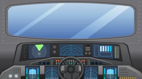Futuristic Spaceship Cockpit Interior with Control Panel and Radar Screens Stock Illustration