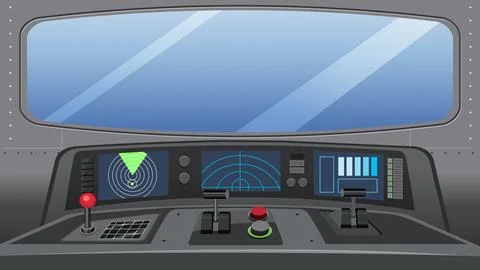 Futuristic Spaceship Cockpit Interior with Control Panel and Radar Screens Stock Illustration