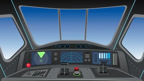 Futuristic Spaceship Cockpit Interior with Digital Control Panel and Radar Illustrazione stock