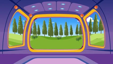 Futuristic spaceship cockpit interior looking out large windows at a bright g Stock Illustration