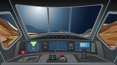 Futuristic Spaceship Cockpit Interior Overlooking a Rocky Alien Planet Surfac Stock Illustration