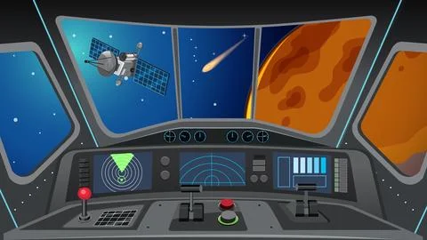 Futuristic Spaceship Cockpit Interior View of Red Planet and Satellite Stock Illustration