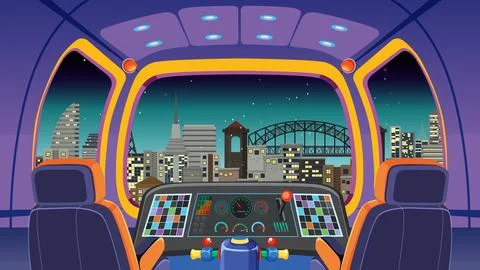 Futuristic Spaceship Cockpit Overlooking Night City Skyline Vector Illustrati Stock Illustration