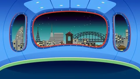 Futuristic Spaceship Cockpit View of Night City Skyline Vector Illustration Illustrazione stock