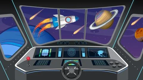 Futuristic Spaceship Cockpit View of Outer Space and Planets 스톡 일러스트