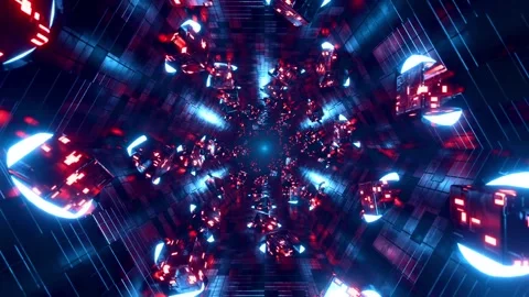 Futuristic spaceship corridor loop with flying tech cubes and bright blue neon Vídeo Stock 337184915