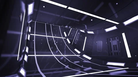 Futuristic Spaceship Corridor rotating with Blue Tech Lighting. 3d render. Stock Footage 309205233