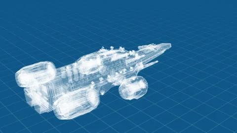Futuristic Spaceship Design: 3D Blueprint Visualization on a Gridded Blue B.. 库存影片 334583123
