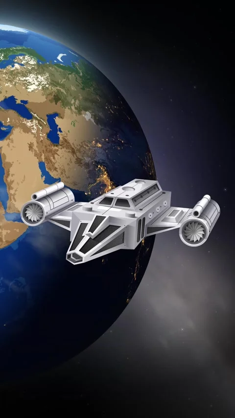 Futuristic Spaceship Floating in Orbit Above Rotating Planet Earth Stock Footage 346114750