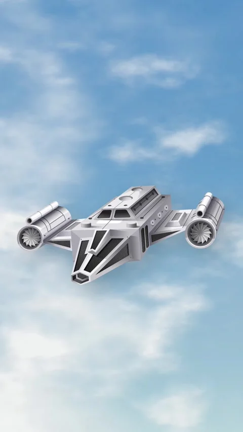 Futuristic Spaceship Floating Over Blue Sky and White Clouds Stock Footage 345297240