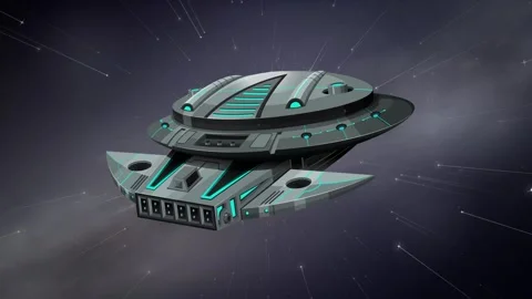 Futuristic Spaceship Floating Through Deep Space With Glowing Blue Lights Stock Footage 345117780