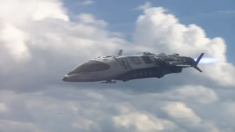 Futuristic Spaceship Flying high in the sky. Stock Footage 142375007