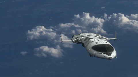 Futuristic Spaceship flying over a Planet. Stock Footage 88676494