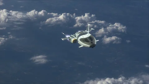 Futuristic Spaceship flying over a Planet. Video stock 168084583