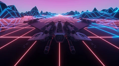 Futuristic spaceship flying through space. Seamless looped animation of retro Stock Footage 128459698