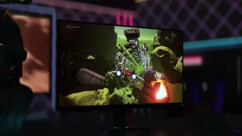 Futuristic spaceship gliding across the toxic alien planet in a pc simulator Stock Footage 252241050