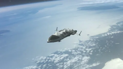 Futuristic Spaceship Hovering above the Planet. Video stock 209931326