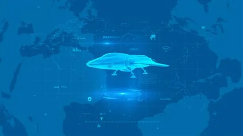 Futuristic Spaceship Hovering Over Digital Grid World Map in Blue Hue Design Stock Illustration