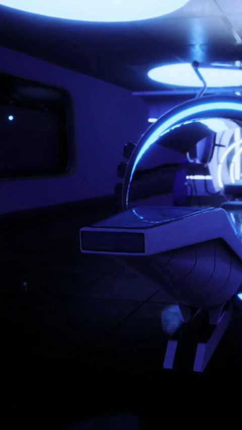 Futuristic spaceship interior with blue light and sleek design Stock Footage 336170505