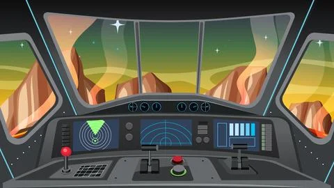 Futuristic Spaceship Interior with Control Panel Viewing a Red Desert Planet Stock Illustration