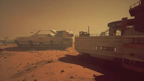 Futuristic Spaceship Landed on Mars Base Stock Illustration