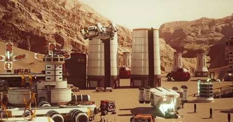Futuristic Spaceship Landing on Mars Base. 3D Rendering Stock Footage 234886872