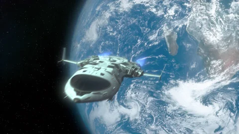 Futuristic Spaceship Leaving a Planet. Stock Footage 260128726